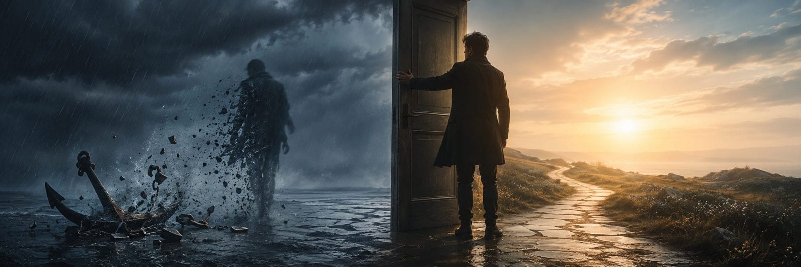 A man opens a door between wild nature’s reflection, revealing a stormy scene on one side and a sunlit path ahead.