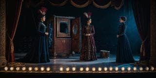 Three women in Victorian dresses stand on stage next to a large wooden cabinet, creating a surreal and fantastical scene.