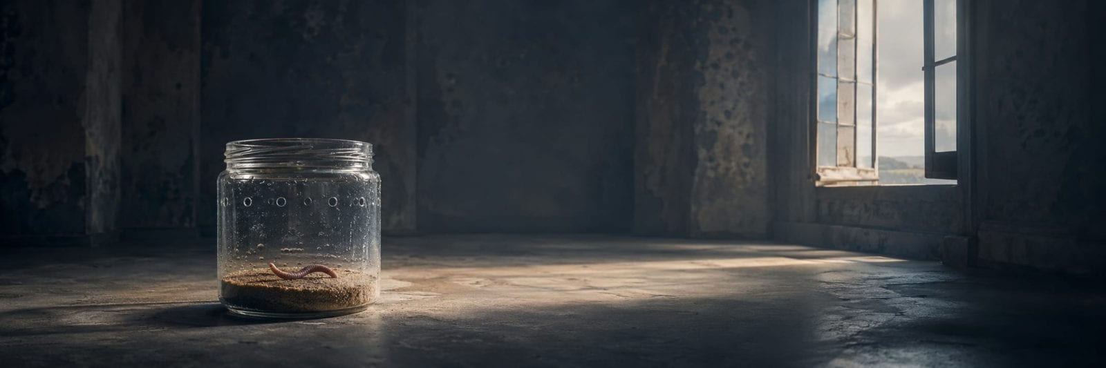 A glass jar filled with sand and a worm rests on the floor, capturing a simple moment of nature indoors.