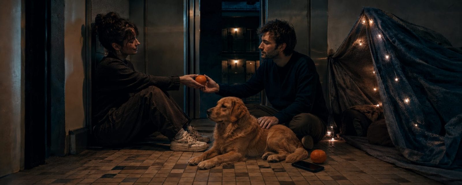 A woman and man share an orange with a dog on tiled floors beside a tent decorated with string lights.