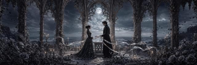 A couple holds hands in a gothic ruin at night, surrounded by roses, candlelight, and the chaos of a full moon.