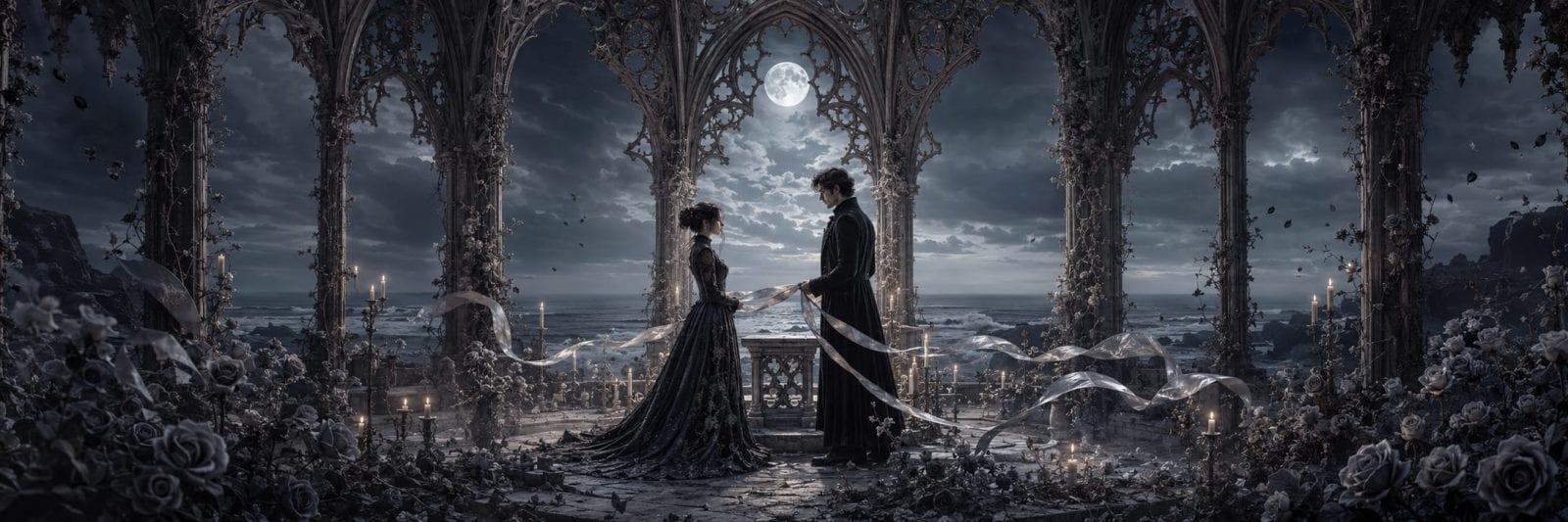 A couple holds hands in a gothic ruin at night, surrounded by roses, candlelight, and the chaos of a full moon.