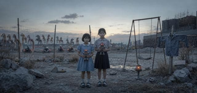 Two girls holding toy robots stand among swings and carousel horses silhouetted against a desolate dusk.