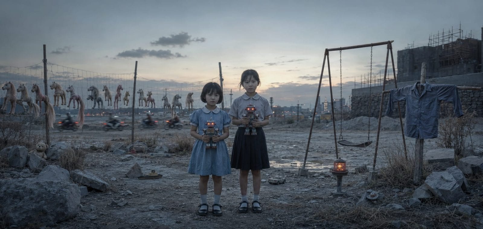 Two girls holding toy robots stand among swings and carousel horses silhouetted against a desolate dusk.