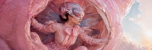 A person in a butterfly-inspired costume emerges from pink petals beneath a sky with soft clouds, merging elements of nature and reflection.