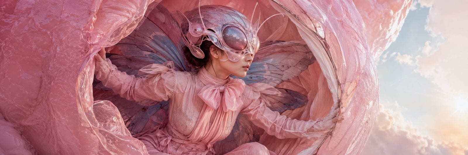 A person in a butterfly-inspired costume emerges from pink petals beneath a sky with soft clouds, merging elements of nature and reflection.