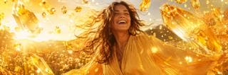 A woman in a yellow dress smiles in a field, surrounded by floating golden crystals with a surreal, fantastical appearance.