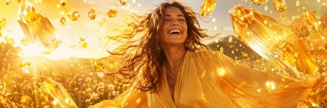 A woman in a yellow dress smiles in a field, surrounded by floating golden crystals with a surreal, fantastical appearance.