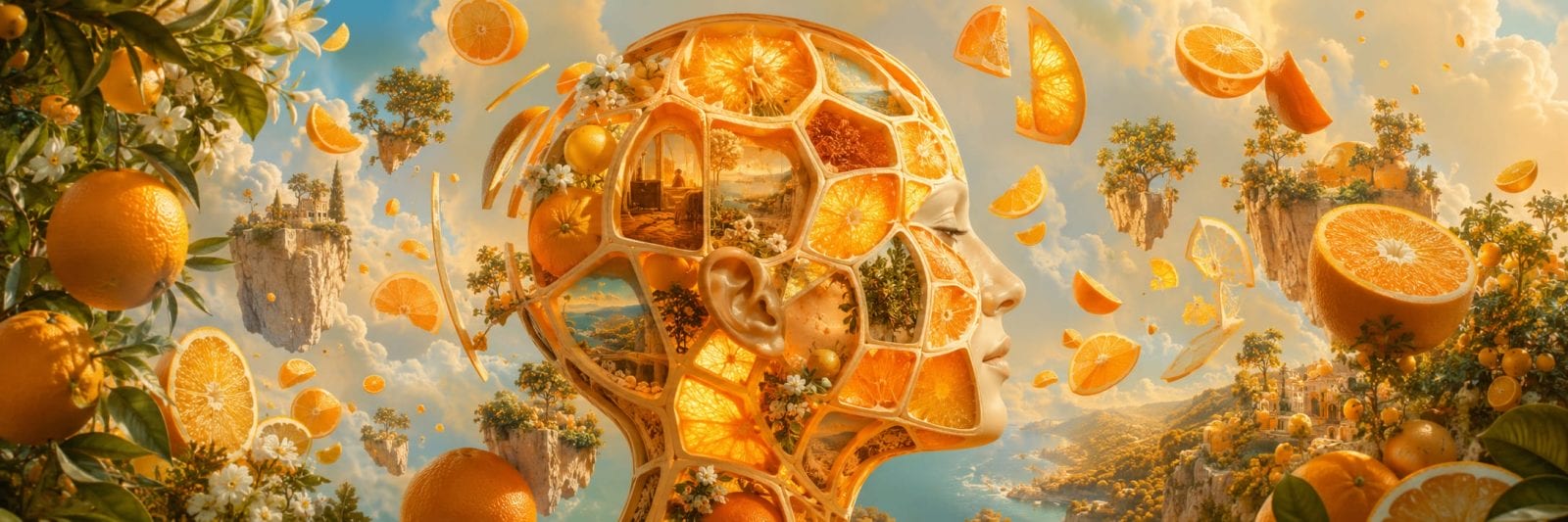 A floating human head made of orange slices and landscapes surrounded by oranges in a surreal, sunny fantasy scene.