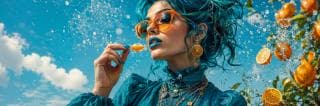 Woman in teal and orange sunglasses eats citrus as floating oranges splash against a vivid blue sky.
