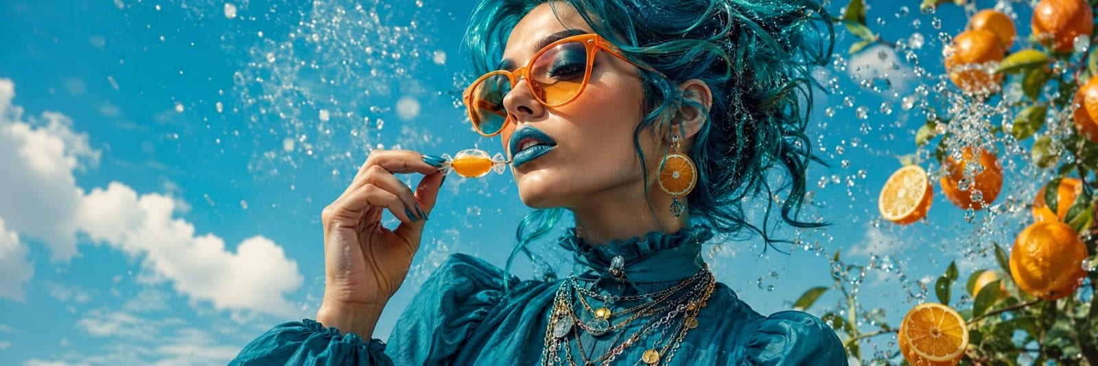 Woman in teal and orange sunglasses eats citrus as floating oranges splash against a vivid blue sky.