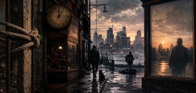 City street at sunset with a clock, dog walker, street musician, and a man's reflection in the water.