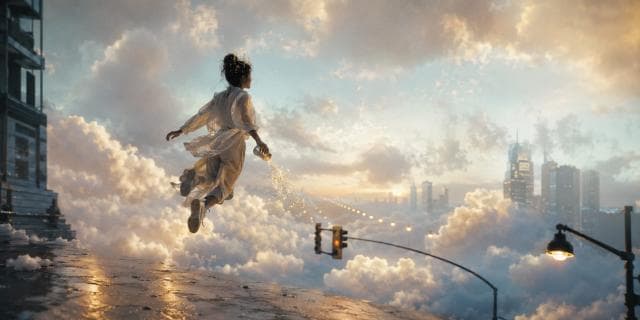A person in white floats above clouds with city lights below, conveying strength and spirit in a surreal scene.