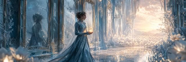 Woman in a blue gown holds a glowing orb in an ornate hallway lined with mirrors and white flowers.