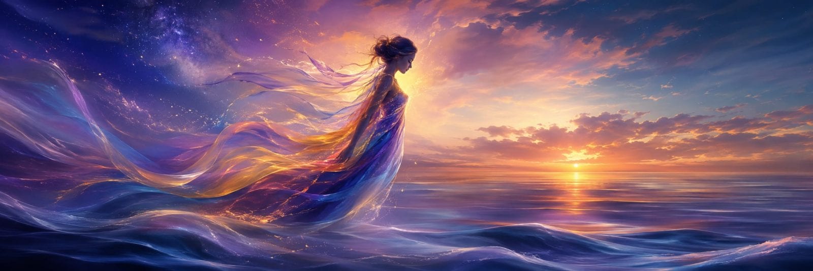 A silhouetted figure in colorful fabric stands over water at sunset beneath a dramatic sky, reflecting nature and tranquility.