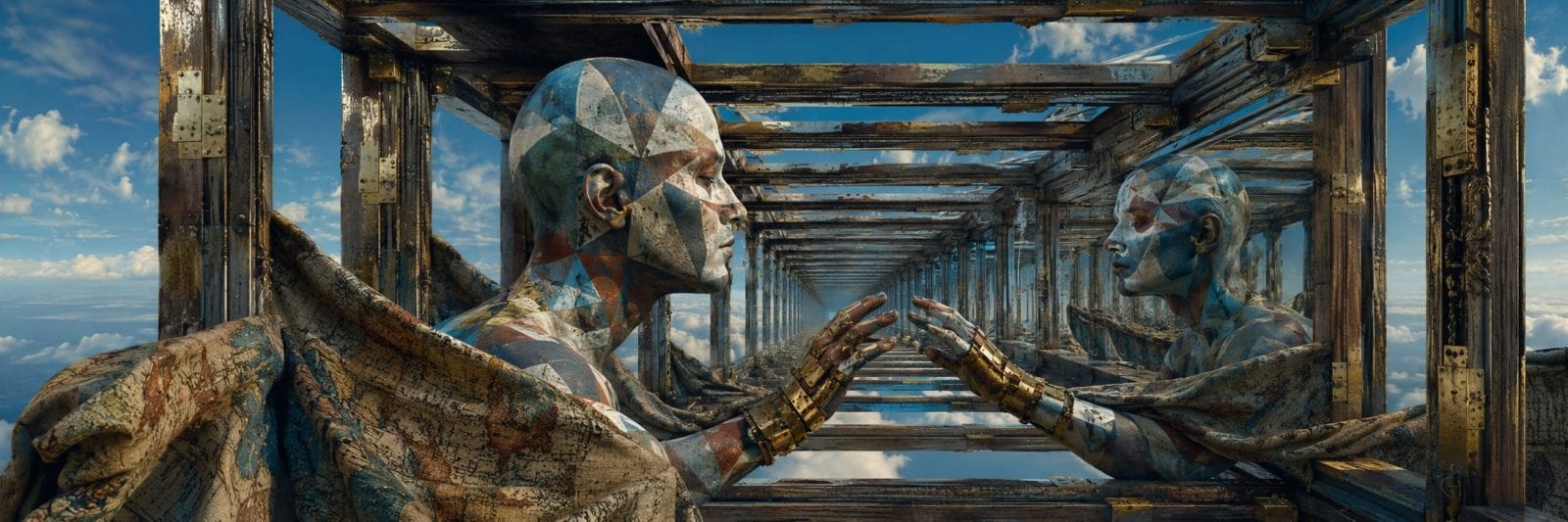 A surreal figure touches a mirror, producing imaginative reflections in a wooden frame with clouds and nature in the background.