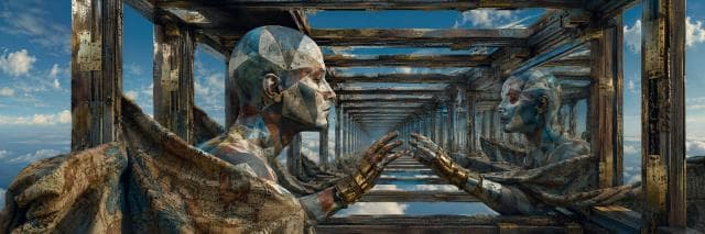 A surreal figure touches a mirror, producing imaginative reflections in a wooden frame with clouds and nature in the background.