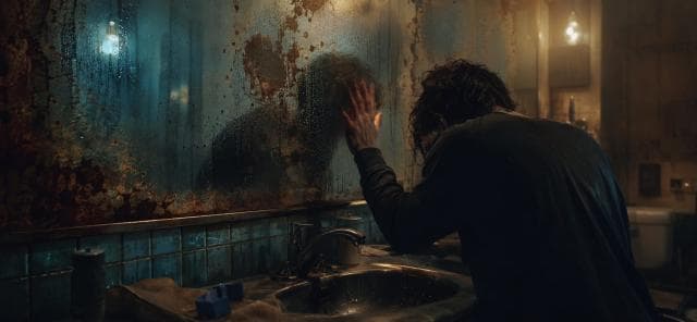 A person leans over a bathroom sink with head down, looking for their reflection in a foggy, stained mirror.