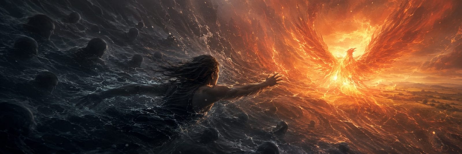 A person in deep water reaches toward a glowing phoenix, highlighting the contrast between chaos and hope.
