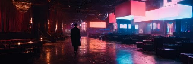 A person stands in a nightclub with glowing cube lights, empty tables, red curtains, and a chandelier.