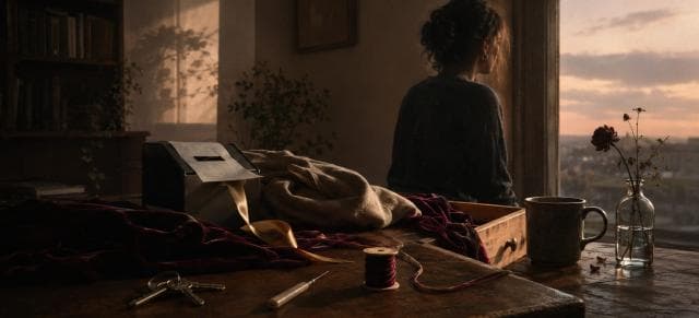 A woman sits by a window at sunset; on the table are keys, fabric, and a single rose.