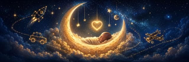 Baby sleeping on a crescent moon, surrounded by clouds, stars, and glowing outlines of a car, rocket, and airplane.