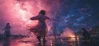People dance with ribbons on a wet surface at dusk as lightning flashes and city lights glow, creating a lively and surreal scene.