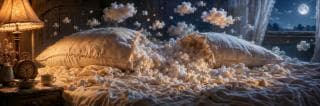 Two pillows burst open on a bed, spilling stuffing, as the moon shines through the window at night.