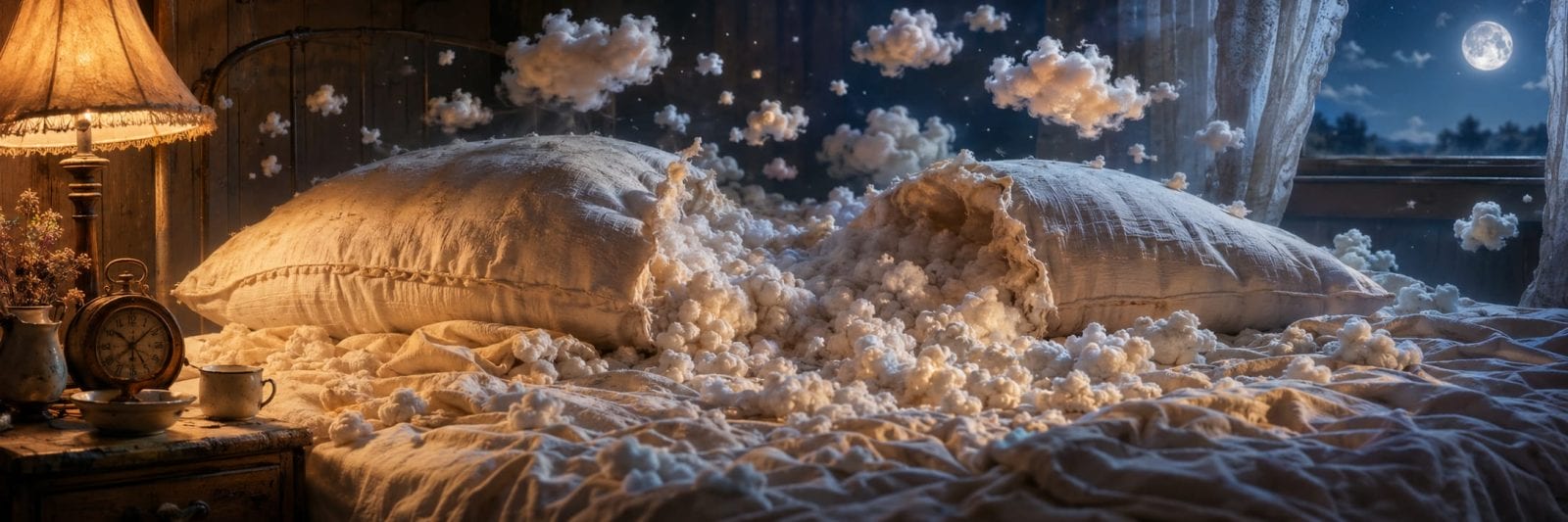 Two pillows burst open on a bed, spilling stuffing, as the moon shines through the window at night.