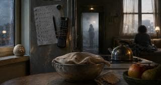 A cloth-covered bowl rests on a table as a fantastical figure stands in the distance on the balcony.