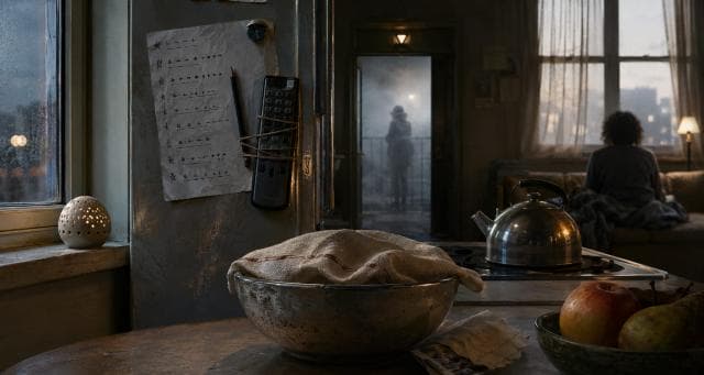 A cloth-covered bowl rests on a table as a fantastical figure stands in the distance on the balcony.