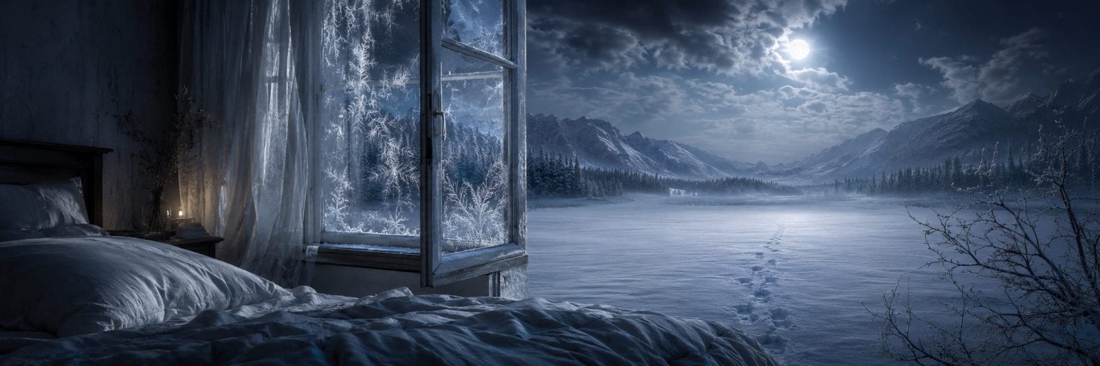 A frosty bedroom with an open window overlooks snowy mountains under a full moon, with footprints marking the snow.
