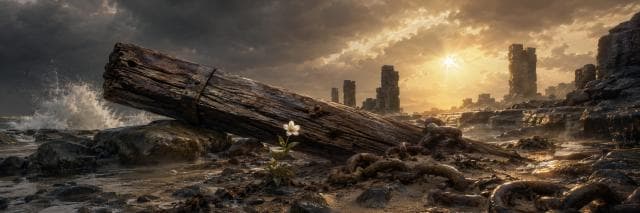 A white flower blooms near rusty chains and ruins on a rocky shore under a dramatic sunset.