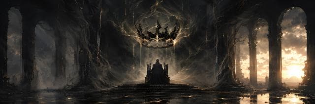 A crowned figure sits among columns in a throne room filled with surreal energy and dramatic, chaotic shadows.