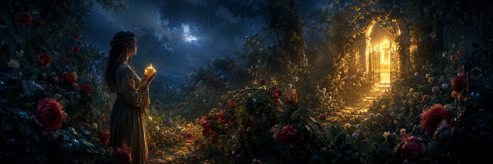 A woman with a glowing orb stands in a rose garden at night, gazing toward a distant illuminated doorway.