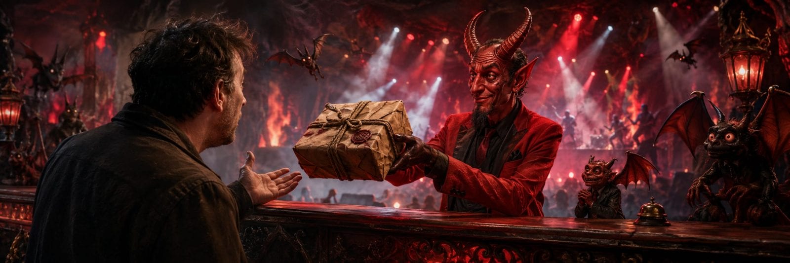 A man receives a package from a horned, red-suited figure while gargoyles watch in a fiery fantasy setting.