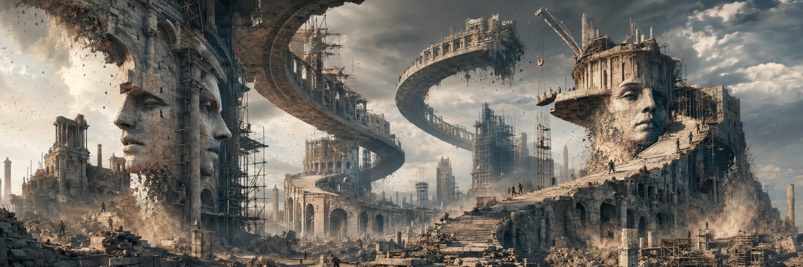 Ruined classical structures feature giant stone faces and spiral bridges in a desolate, cloudy landscape symbolizing strength and spirit.