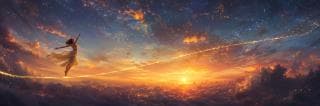 A woman in a dress walks on a glowing line above surreal clouds at sunset, with stars twinkling in the sky.