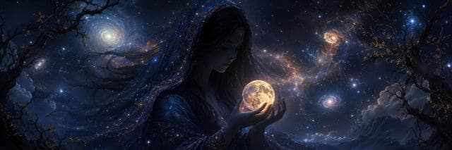 A woman in a starry cloak holds a glowing moon, with cosmic trees and galaxies reflecting nature under the night sky.