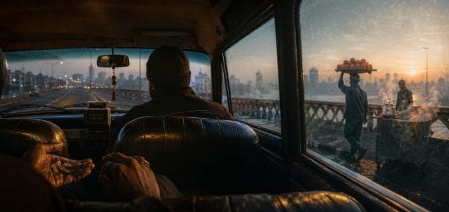 City bridge seen from inside a car at sunrise, with a street vendor demonstrating Zulu spirit as coins are exchanged.