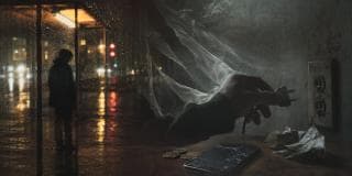 One person unplugs a cord amid chaos; another stands confidently at a rainy bus stop, with coins and phone on the bench.
