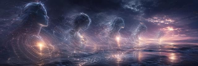 Four ethereal female figures emerge from the ocean at dusk, glowing softly amid swirling mist.