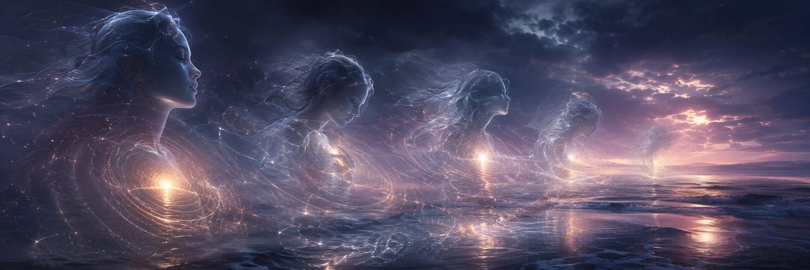 Four ethereal female figures emerge from the ocean at dusk, glowing softly amid swirling mist.