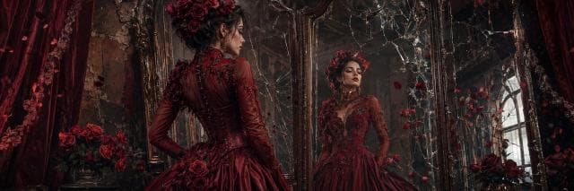A woman in a red gown stands before cracked mirrors, surrounded by red roses in an ornate room.