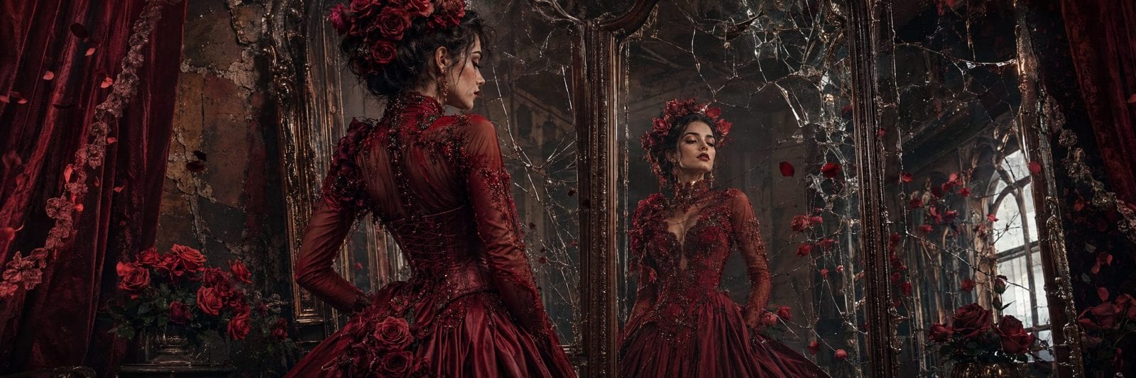 A woman in a red gown stands before cracked mirrors, surrounded by red roses in an ornate room.
