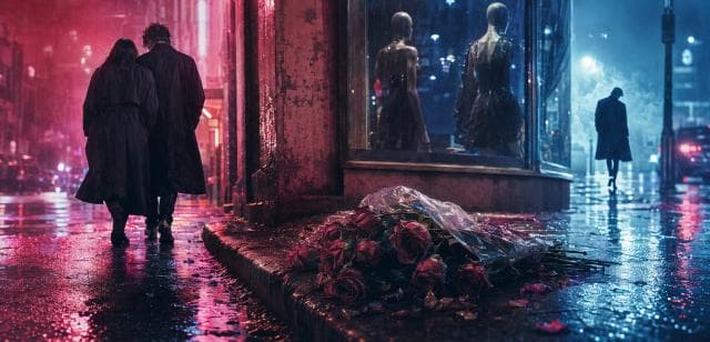 Two people walk on a rainy city street at night; roses reflect on the wet sidewalk near a shop window with mannequins.
