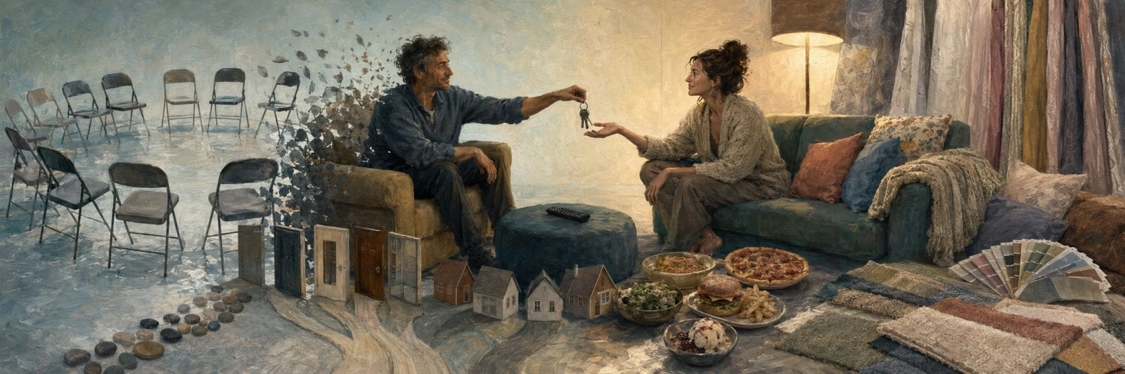 A man hands keys to a woman in a living room, with food, fabric samples, and empty chairs visible in the background.