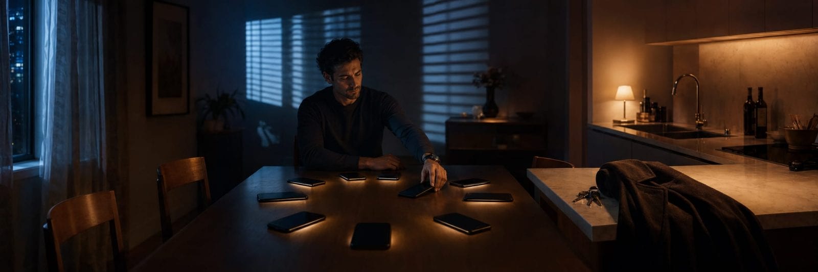 A man sits at a table surrounded by lit smartphones arranged in a circle.