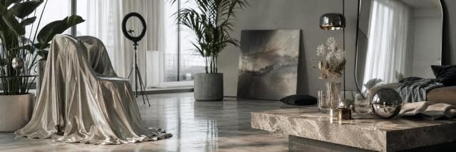 Modern living room featuring large plants, a ring light, marble table, metallic accents, and artistic elements.
