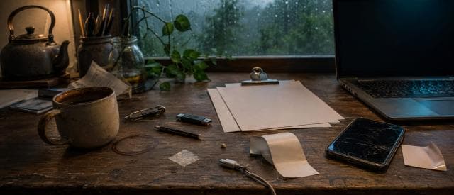 A cluttered wooden desk with papers, a mug, and plants sits by a rainy window, capturing daily life and nature together.